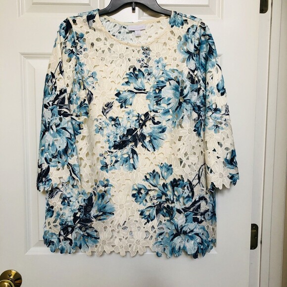Charter Club Women's Size S Crochet Lace Overlay Top 3/4 Sleeves  @ - Picture 2 of 6